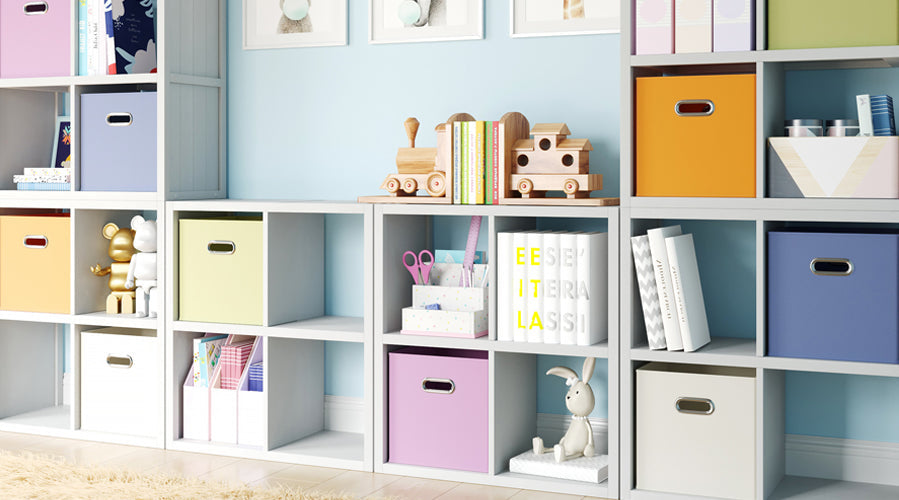 solid wood cube storage organizers filled with toys