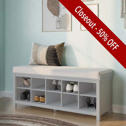 grey shoe storage bench paced in foyer