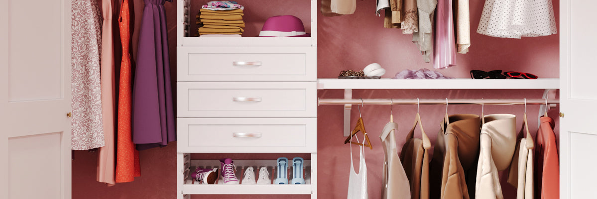 closeup of a 2 drawer John Louis Home closet organizer used in a teens reach in closet