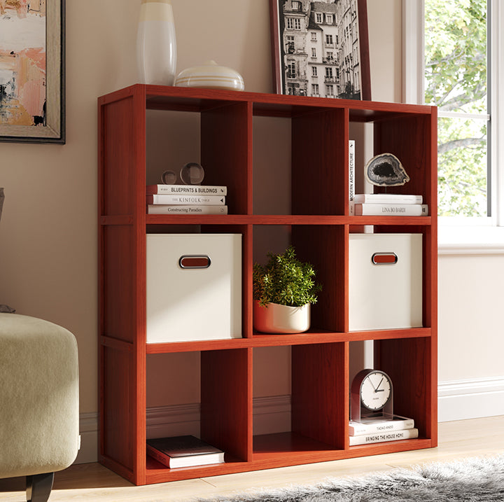 John Louis Home solid wood 9 cube organizer in red mahogany decorated and placed in living room