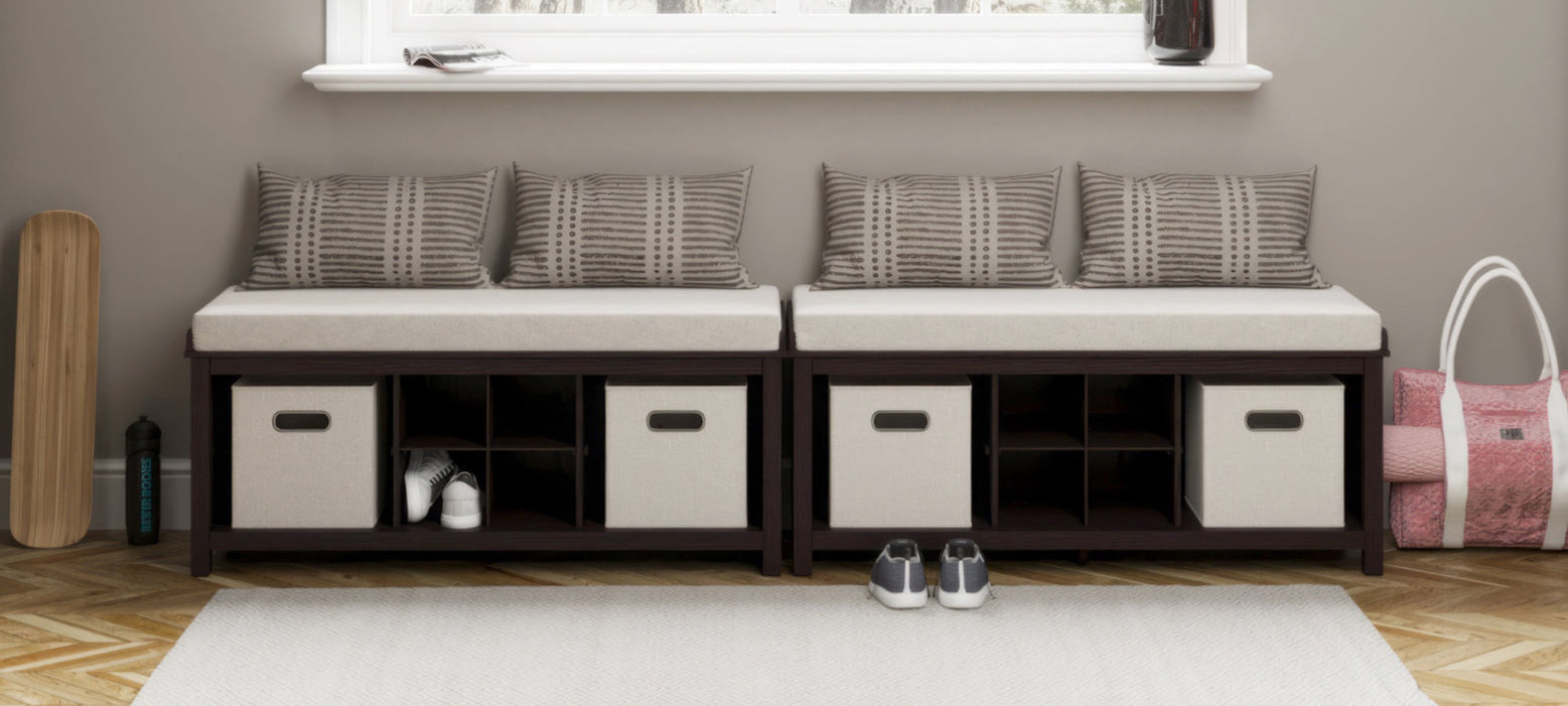 espresso entryway benches under window