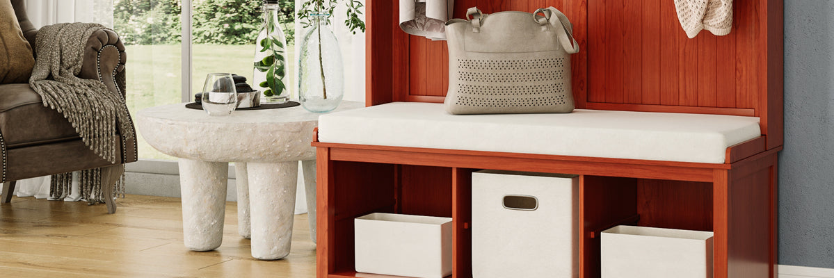 Closeup of the cushion used for seating on a John Louis Home hall tree