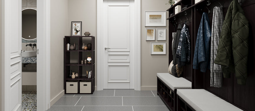 mudroom hall tree in entryway with shoe storage and seating in an expresso color