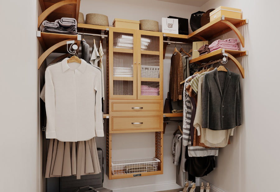 honey maple medium size walk in closet system design