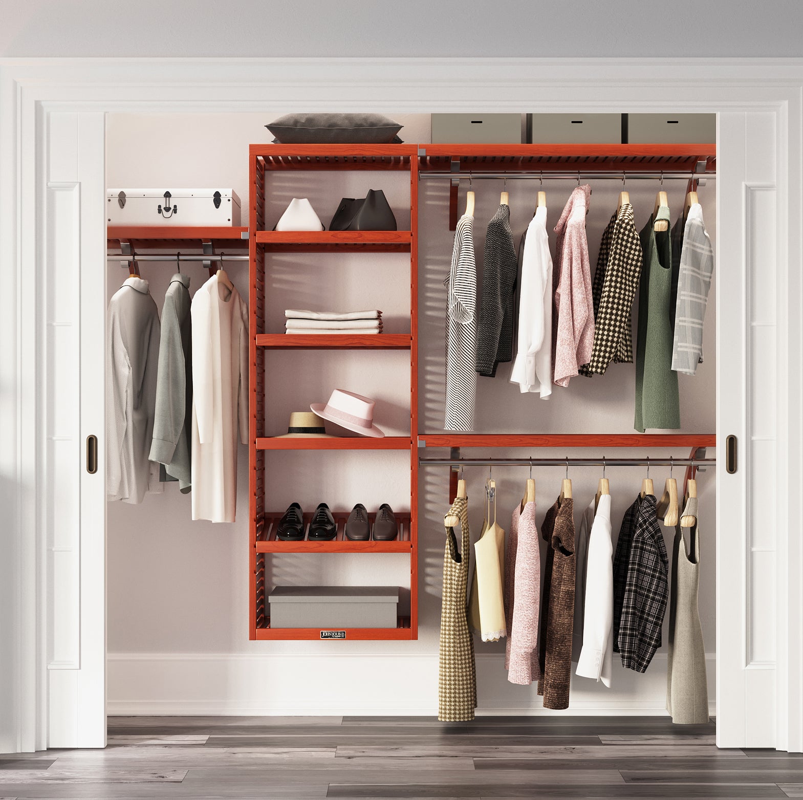 red mahogany reach in closet organizer system