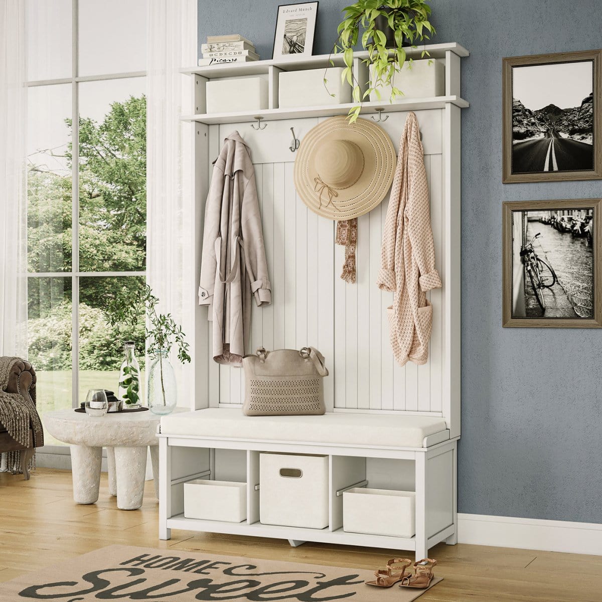 Solid Wood Hall Tree Entryway Bench with 1 Bin & 2 Shoe Dividers - John Louis Home - Hall Trees