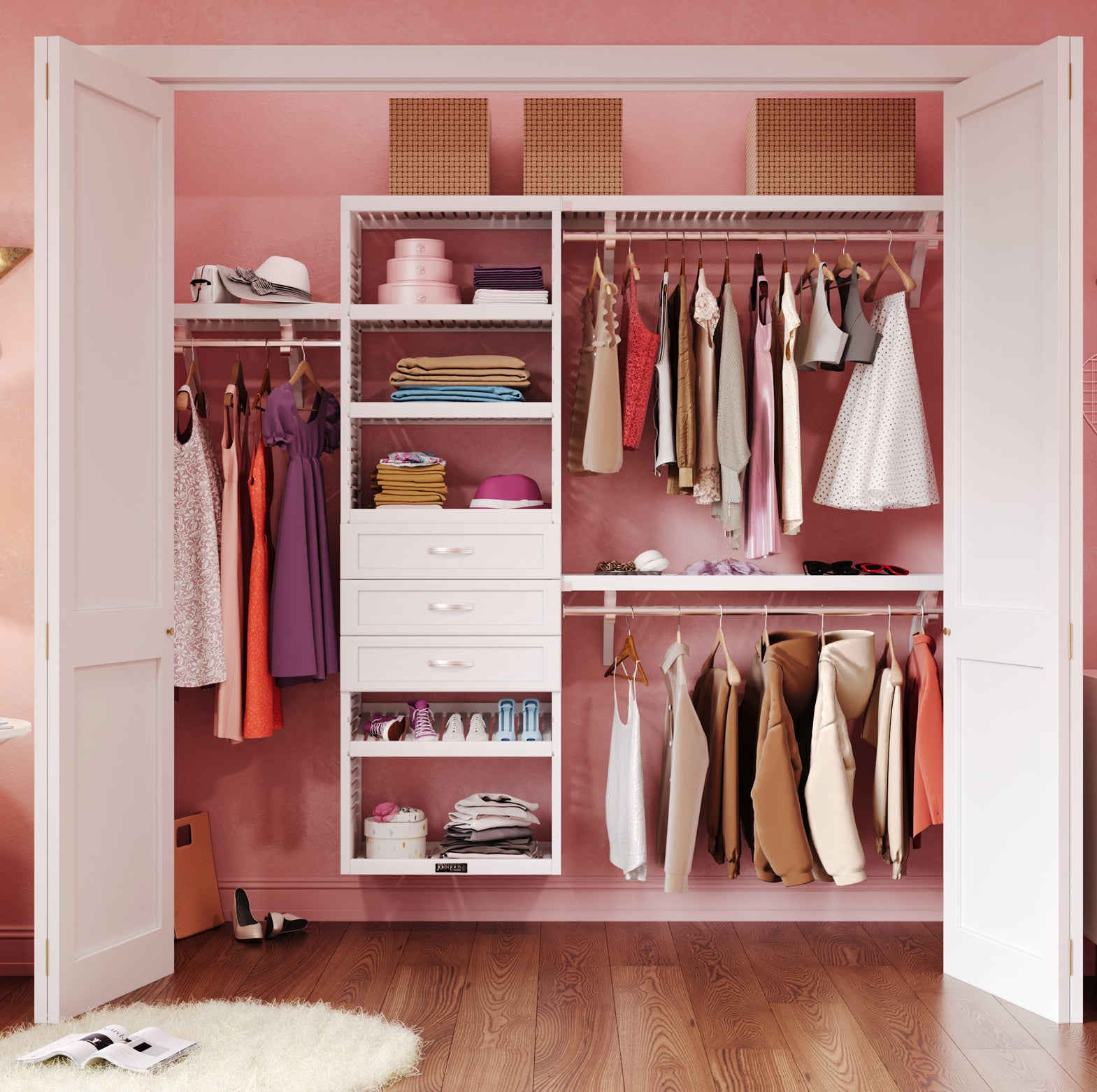 white reach in closet organizer system in teen closet